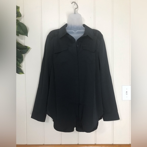 Isaac Mizrahi Tops - Isaac Mizrahi Black LS Buttondown Dress Blouse Lace Back & Shoulders Ladies NWOT